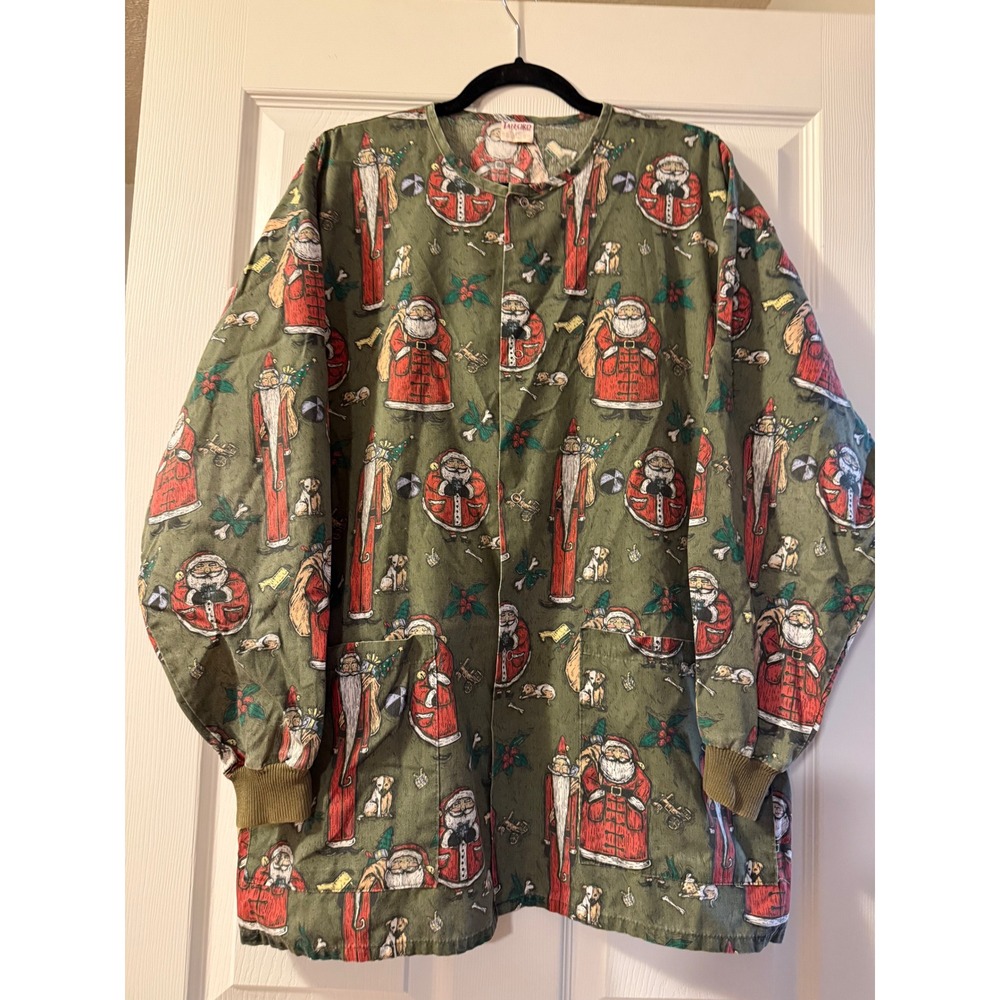 Tafford Vintage Christmas Santa Woodcut Scrub Jacket Green Size Large Snap Front